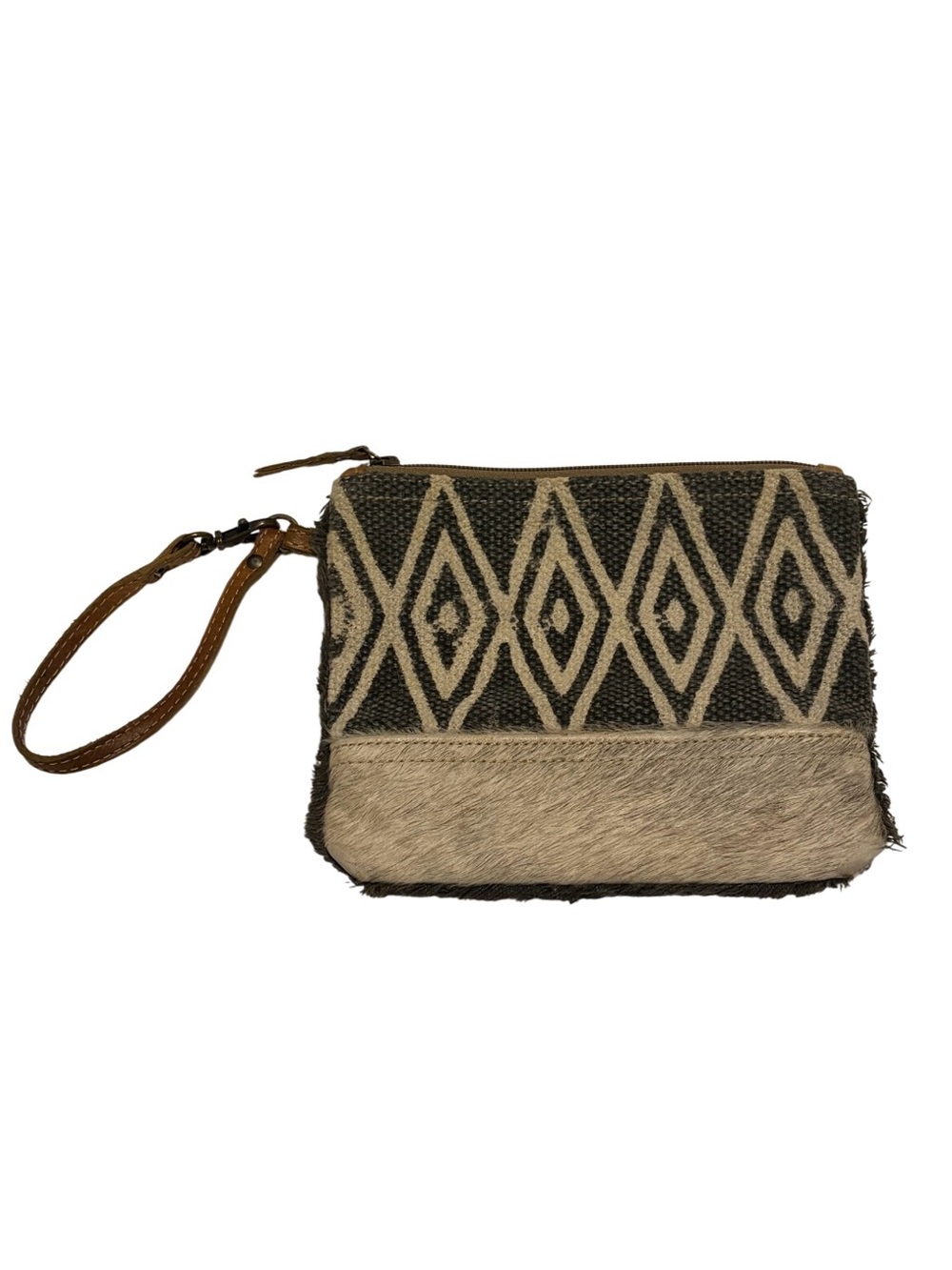 Myra Bag Second Impression Upcycled Canvas & Cowhide Aztec Wristlet Pouch
